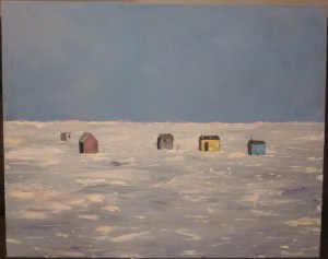 Cabanes à éperlan - Michel Thériault 24 x 30 po., acrylique sur toile