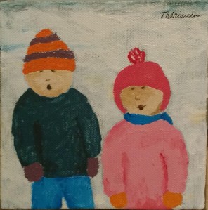 Fillette et jeune garçon en hiver - Michel Thériault